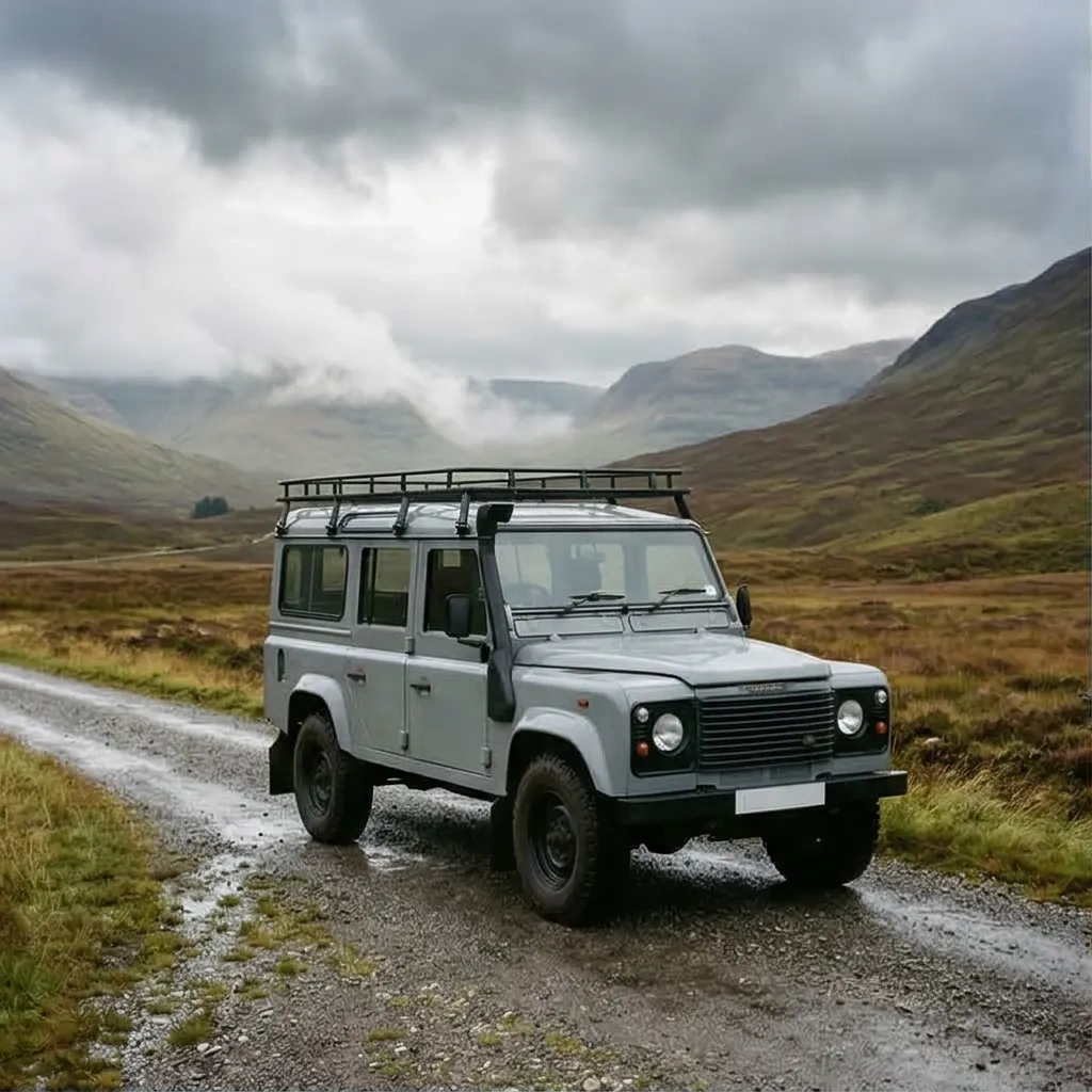 2x2 grid prompt, top-left frame: same exact 1992 Land Rover Defender 110 classic in dove gray, original boxy body, black steel wheels, subtle 35mm grain, muted colors, soft overcast light; wide 3/4 front view in a Scottish Highlands valley with wet gravel foreground and low cloud.