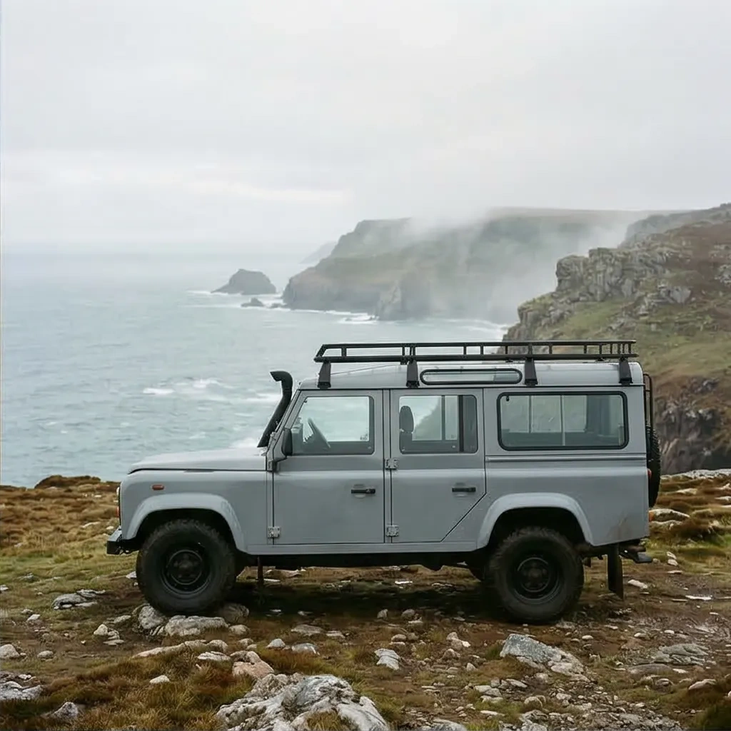 2x2 grid prompt, top-right frame: same exact 1992 Land Rover Defender 110 classic in dove gray, original boxy body, black steel wheels, subtle 35mm grain, muted colors, soft overcast light; side profile on a rugged coastal moor with cliffs and sea mist.