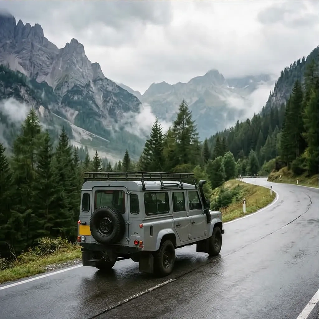 2x2 grid prompt, bottom-left frame: same exact 1992 Land Rover Defender 110 classic in dove gray, original boxy body, black steel wheels, subtle 35mm grain, muted colors, soft overcast light; rear 3/4 view on a winding alpine mountain road after rain with distant peaks.