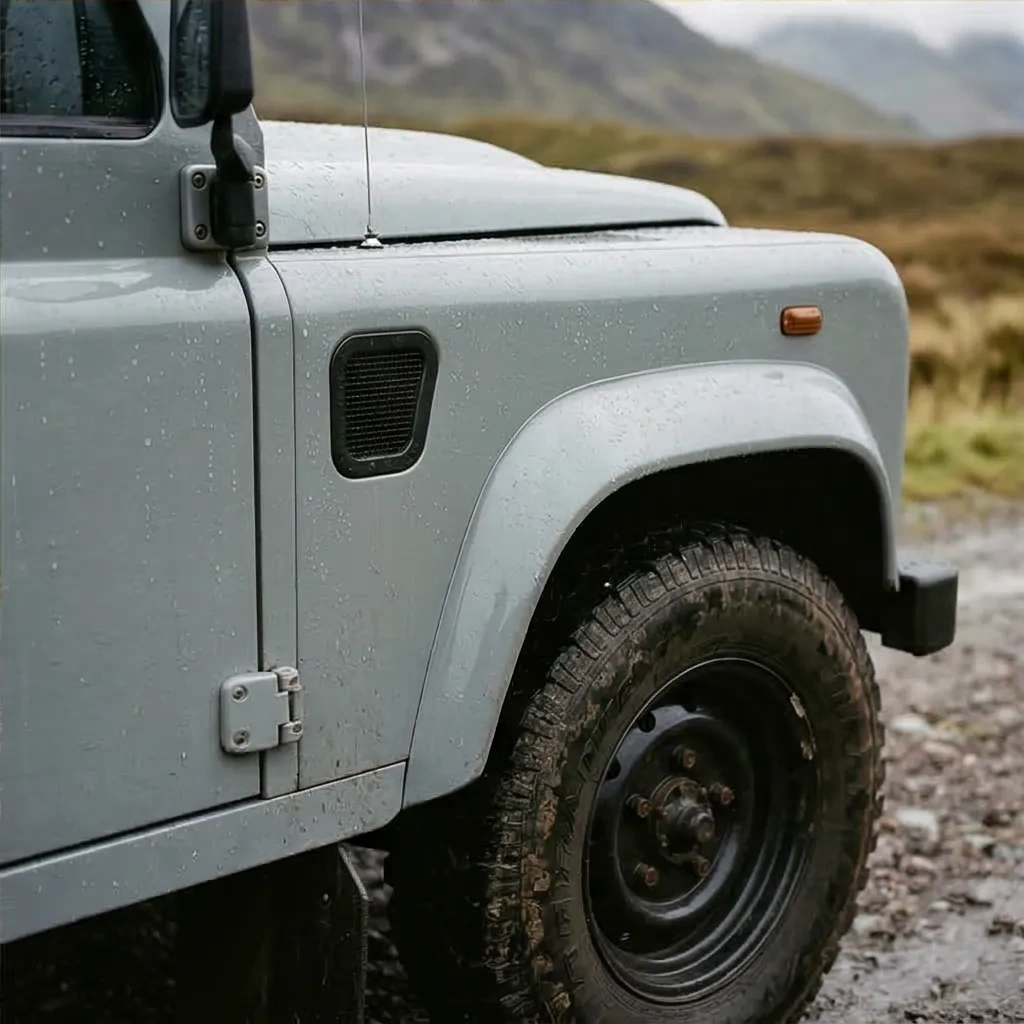 2x2 grid prompt, bottom-right frame: same exact 1992 Land Rover Defender 110 classic in dove gray, original boxy body, black steel wheels, subtle 35mm grain, muted colors, soft overcast light; close-up body detail of riveted panel and wheel arch with rain droplets, shallow depth of field.