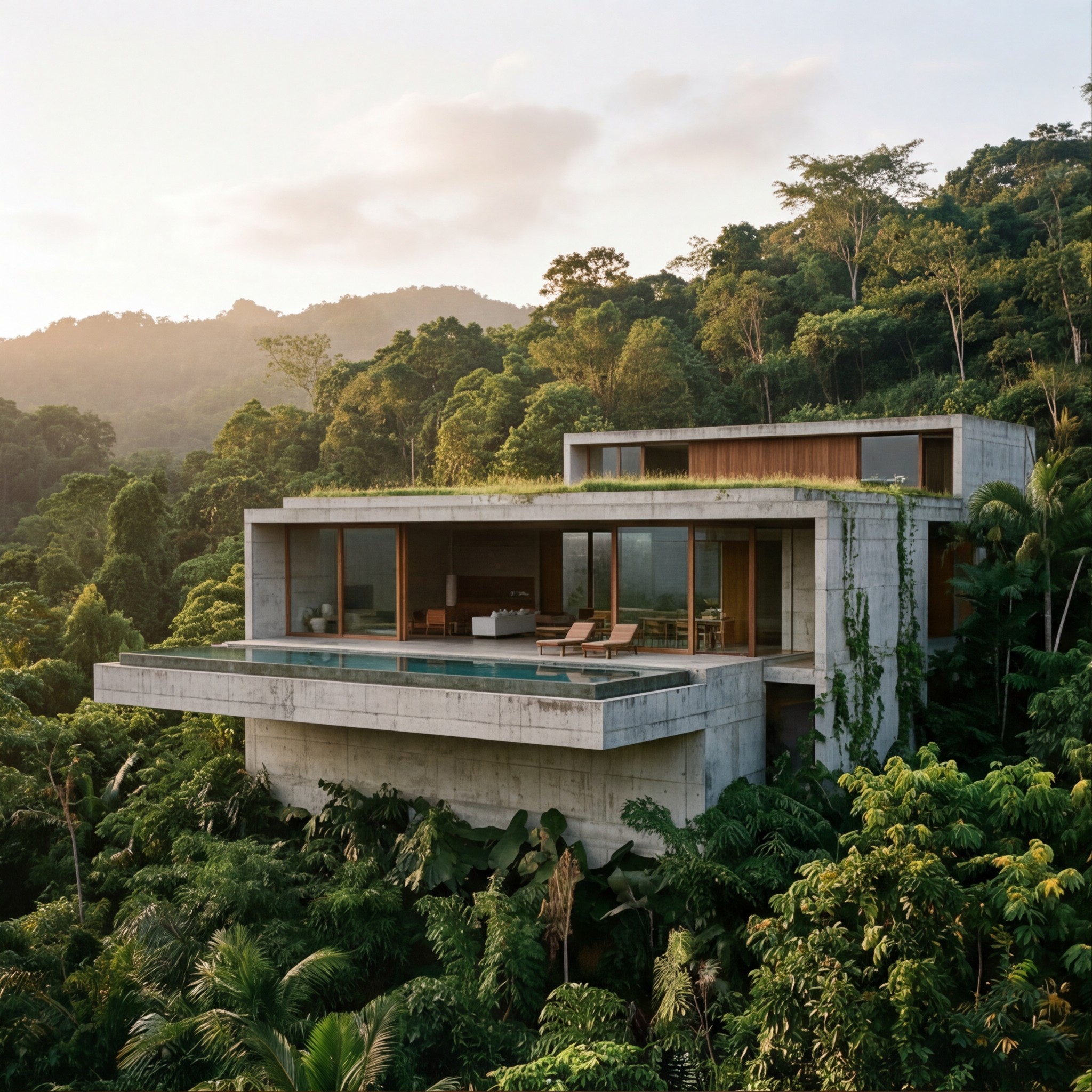 Brutalist concrete luxury villa, tropical jungle hillside, exterior front view, green roof, floor-to-ceiling windows, golden hour, 35mm film grain
