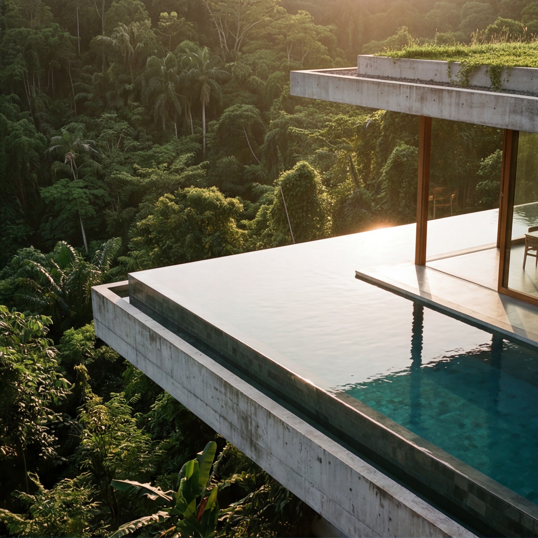 Brutalist concrete luxury villa, cantilevered infinity pool over jungle canopy, aerial angle, warm sunset light, 35mm film grain