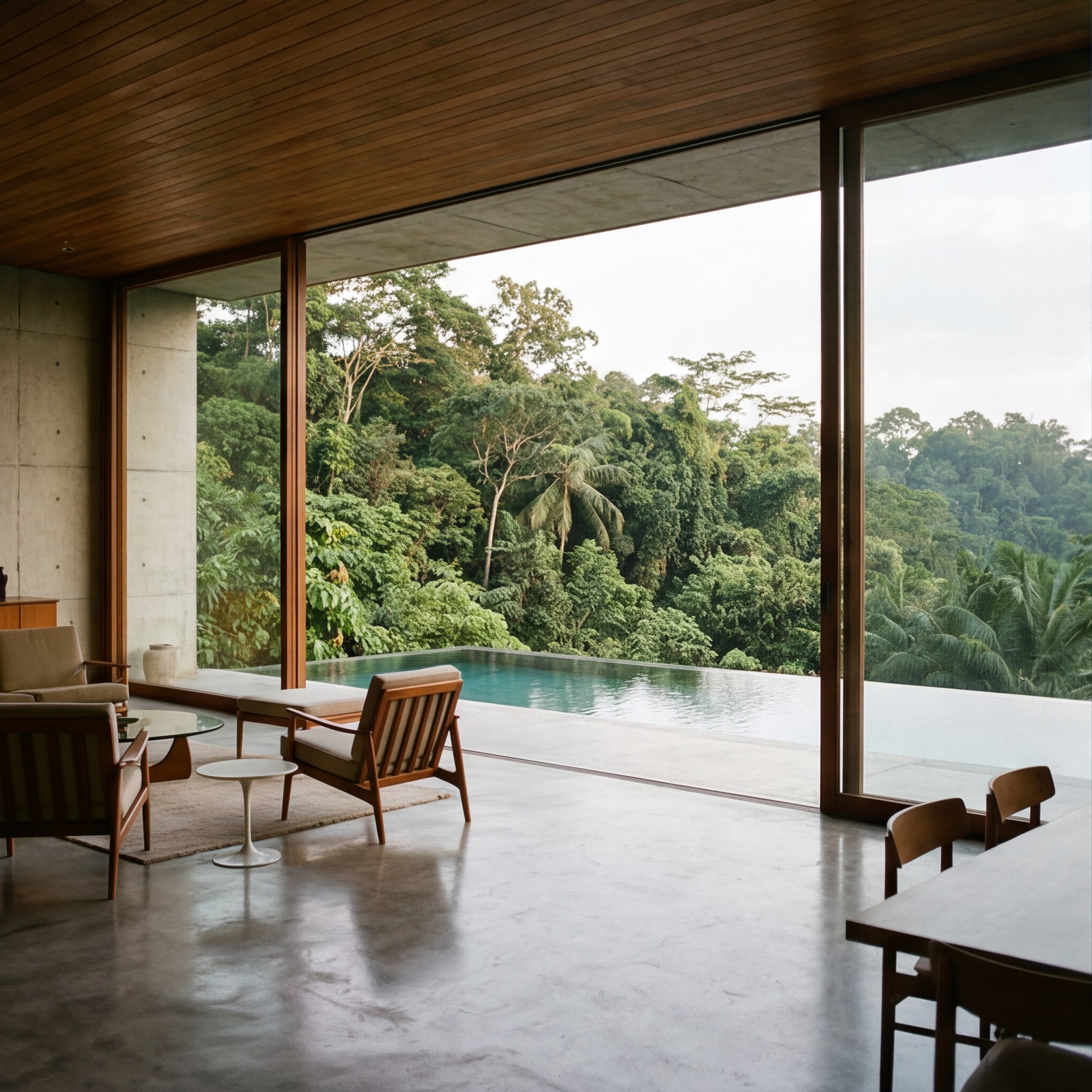 Brutalist concrete luxury villa, interior living space, polished concrete floor, timber ceiling, jungle view through glass wall, 35mm film grain
