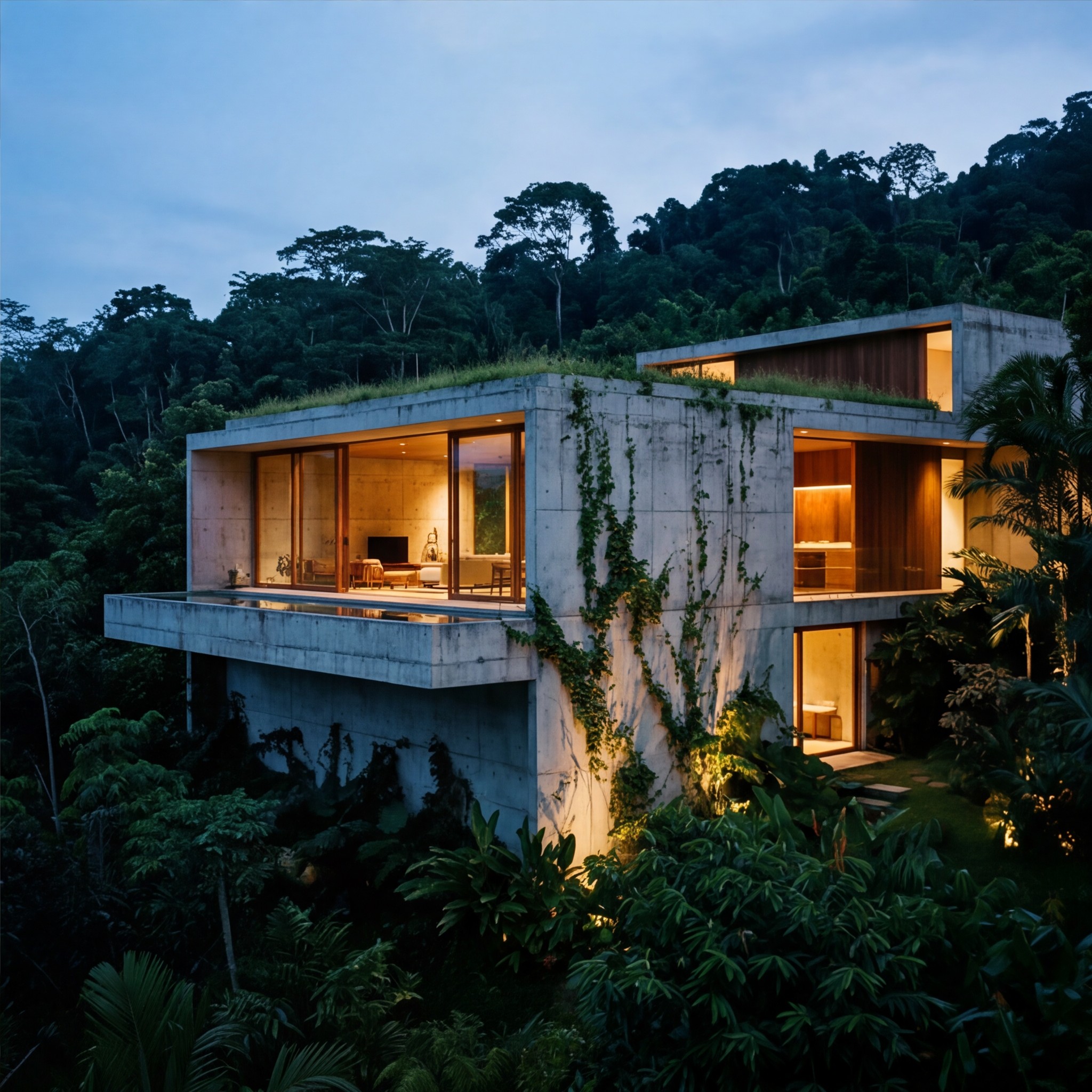 Brutalist concrete luxury villa, dusk exterior, warm interior glow, vine-covered concrete facade, jungle surroundings, 35mm film grain